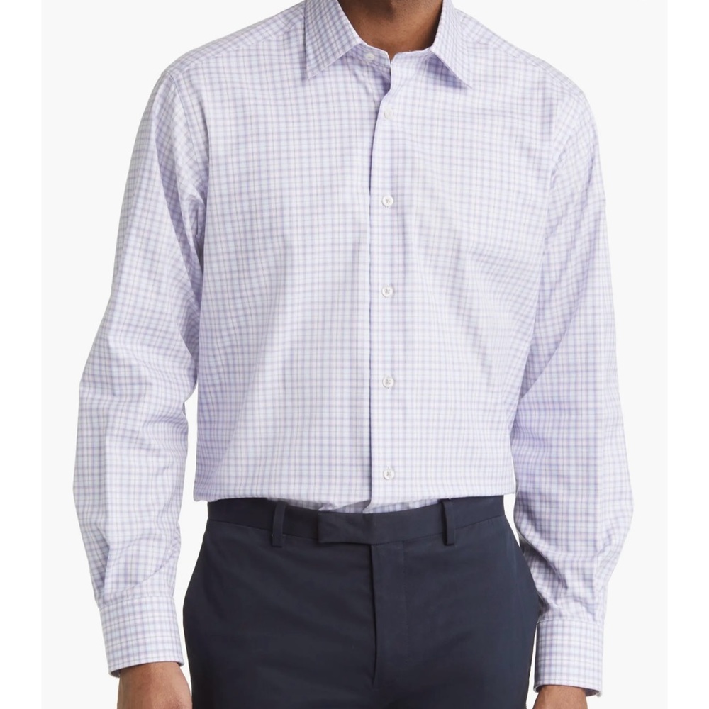 David Donahue Cotton Twill Plaid Trim Fit Dress Shirt Blue/Lilac Men's 16.5 NWT